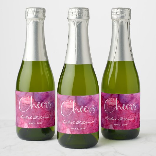 Cheers Hot Pink Waterverf Achtergrond mini Sparkling Wijnetiket (Flessen)