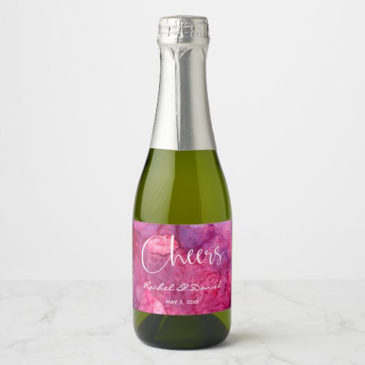 Cheers Hot Pink Waterverf Achtergrond mini Sparkling Wijnetiket (Voorkant)