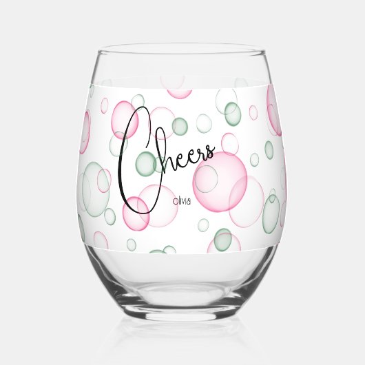 Cheers | Levendige leuke roze en groene bubbels Wijnglas Zonder Voet (Voorkant)