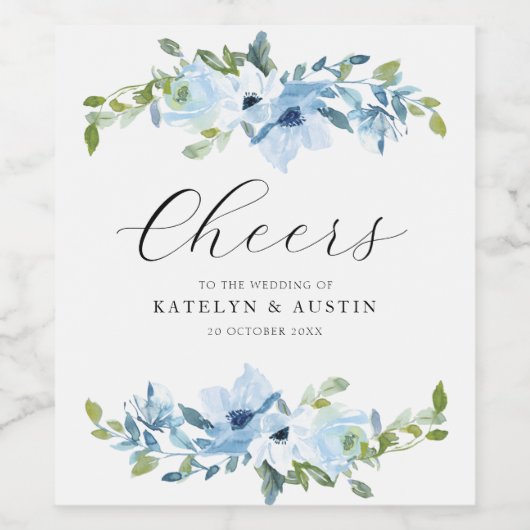 CHEERS | Lichtblauwe bloemenbruiloft Wijn Etiket (Enkel label)