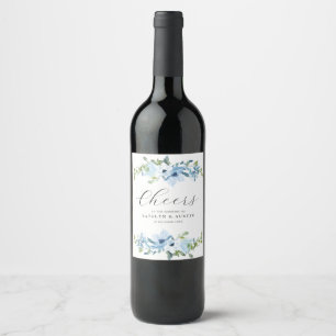 CHEERS   Lichtblauwe bloemenbruiloft Wijn Etiket