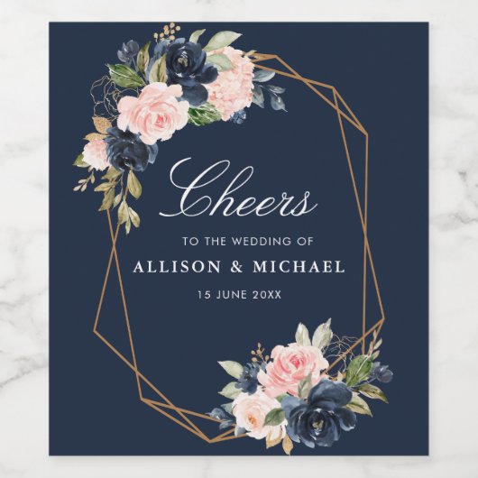 CHEERS | marine en blozen bloemenbruiloft Wijn Etiket (Enkel label)