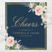CHEERS | marineblauw en bloesse bruiloft Wijn Etiket (Enkel label)