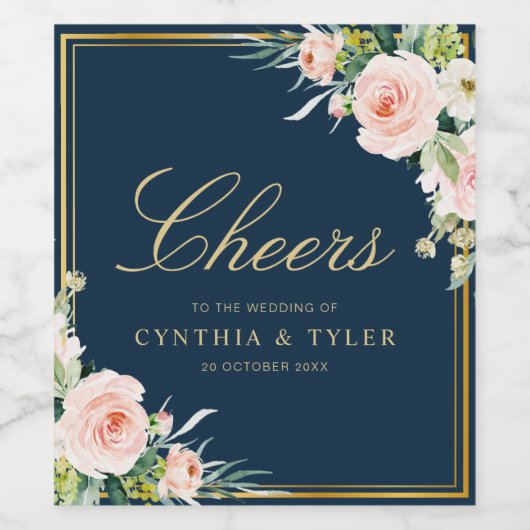 CHEERS | marineblauw en bloesse bruiloft Wijn Etiket (Enkel label)