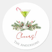 Cheers Martini and Mistletoe Candy Cane Cocktail Ronde Sticker (Voorkant)