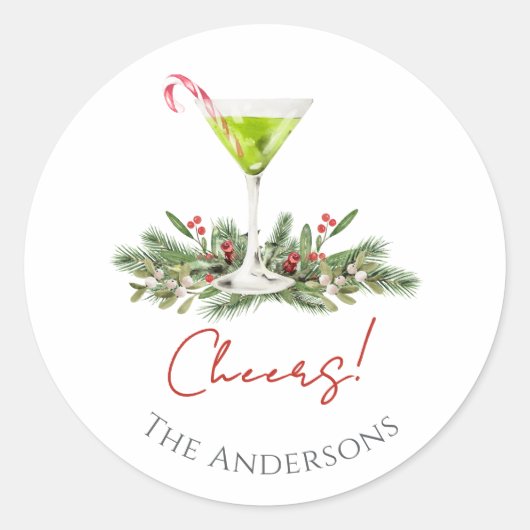 Cheers Martini and Mistletoe Candy Cane Cocktail Ronde Sticker (Voorkant)