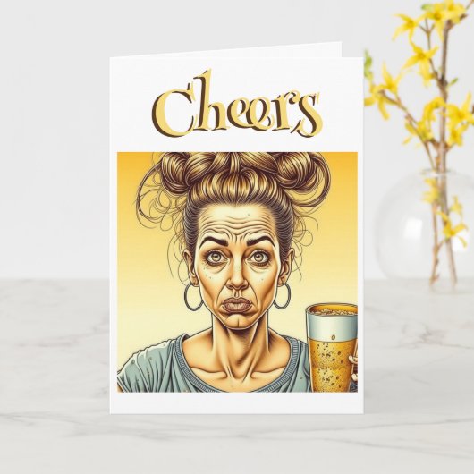 Cheers! Messy Bun Holding Een Tap Bier Verjaardag Kaart (Gele Bloem)