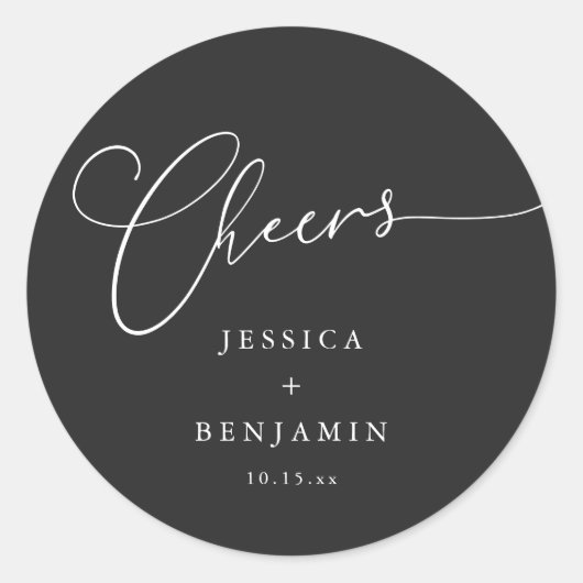 Cheers Minimal Black Script Elegant Wedding Favor Ronde Sticker (Voorkant)