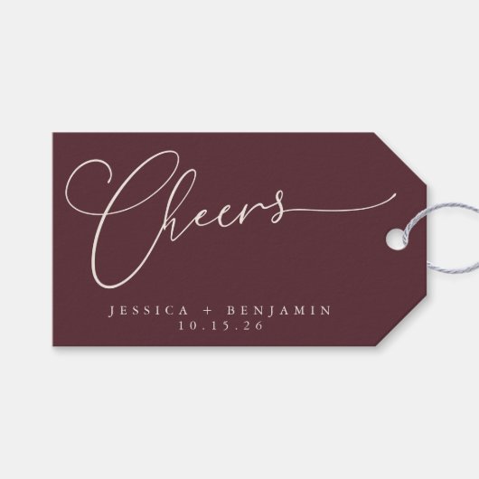 Cheers Minimal Bourgundy Script Custom Wedding Cadeaulabel (Voorkant (Horizontaal))
