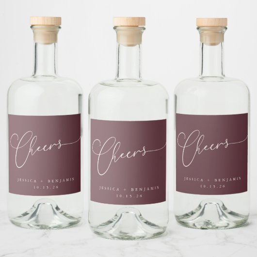 Cheers Minimal Bourgundy Script Custom Wedding Likeurfles Etiket (Flessen)