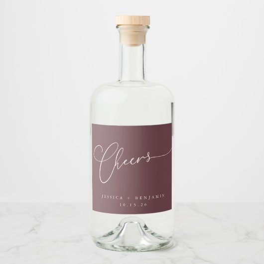 Cheers Minimal Bourgundy Script Custom Wedding Likeurfles Etiket (Voorkant)