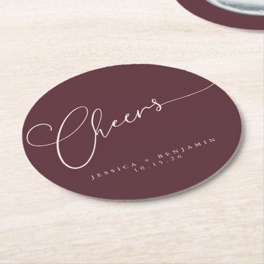 Cheers Minimal Bourgundy Script Custom Wedding Ronde Kartonnen Onderzetter (Gebogen)