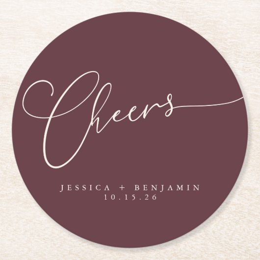 Cheers Minimal Bourgundy Script Custom Wedding Ronde Kartonnen Onderzetter (Voorkant)