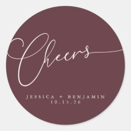 Cheers Minimal Bourgundy Script Custom Wedding Ronde Sticker