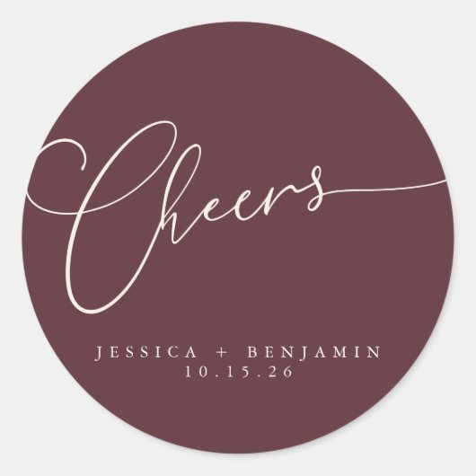 Cheers Minimal Bourgundy Script Custom Wedding Ronde Sticker (Voorkant)
