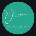 Cheers Minimal Emerald Script Custom Wedding Ronde Sticker<br><div class="desc">Cheers minimalistisch Bright Emerald Green Script Custom Wedding Classic Round Sticker</div>