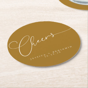 Cheers Minimal Mustard Gold Script Custom Wedding Ronde Kartonnen Onderzetter