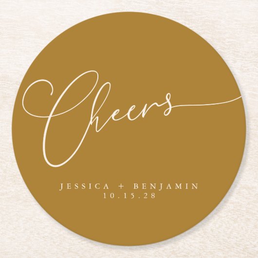 Cheers Minimal Mustard Gold Script Custom Wedding Ronde Kartonnen Onderzetter (Voorkant)