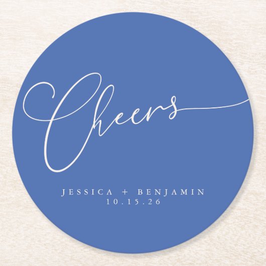 Cheers Minimale Franse blauwe Script Aangepast huw Ronde Kartonnen Onderzetter (Voorkant)