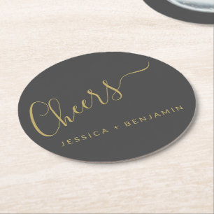 Cheers Minimalist Black en Gold Custom Wedding Ronde Kartonnen Onderzetter