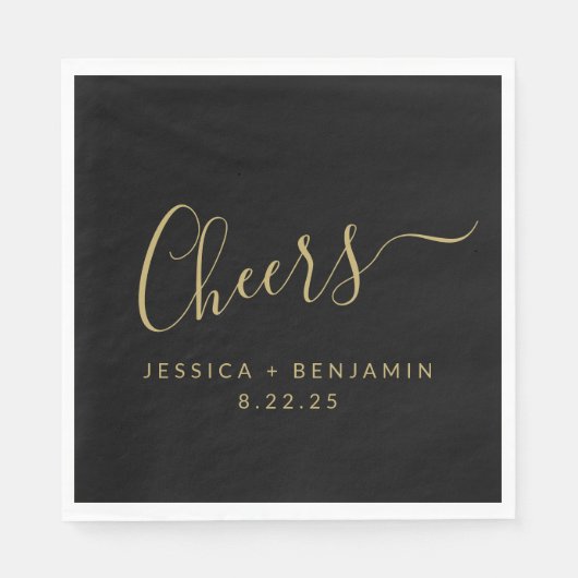 Cheers Minimalist Black en Gold Custom Wedding Servet (Voorkant)