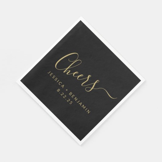 Cheers Minimalist Black en Gold Custom Wedding Servet (Hoek)