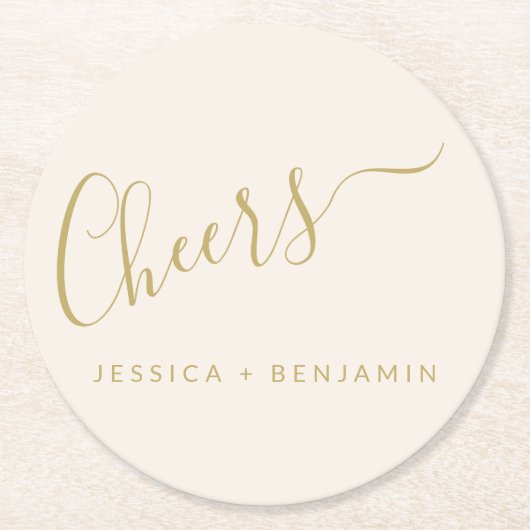 Cheers Minimalist Ecru en Gold Custom Wedding Ronde Kartonnen Onderzetter (Voorkant)