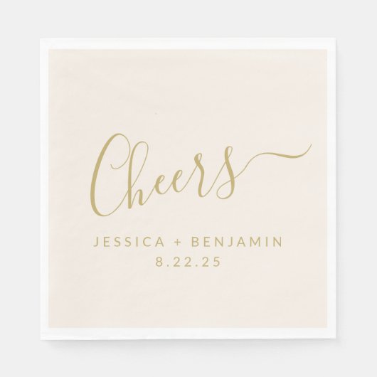 Cheers Minimalist Ecru en Gold Custom Wedding Servet (Voorkant)