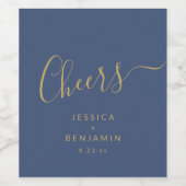 Cheers Minimalist Navy Blue Gold Custom Wedding Wijn Etiket (Enkel label)
