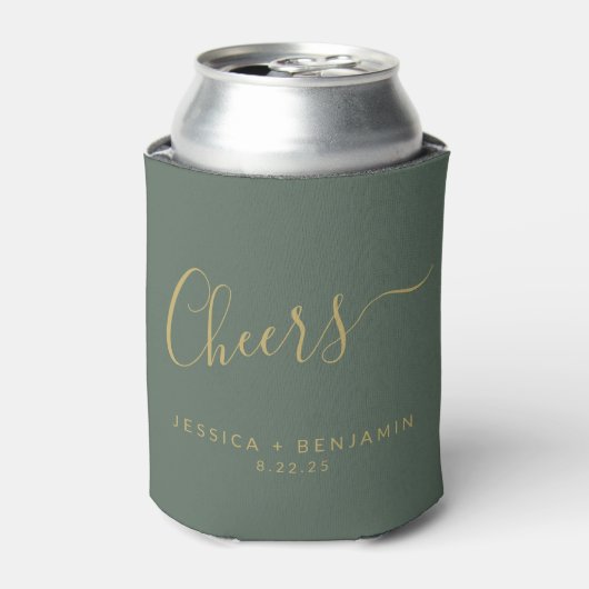 Cheers minimalistisch Sage Green Gold Custom Weddi Blikjeskoeler (Blikje Voorkant)