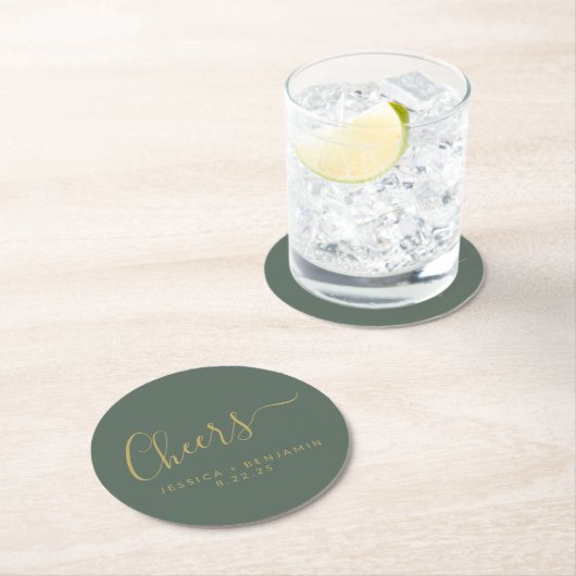 Cheers minimalistisch Sage Green Gold Custom Weddi Ronde Kartonnen Onderzetter (Insitu)