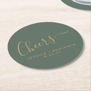 Cheers minimalistisch Sage Green Gold Custom Weddi Ronde Kartonnen Onderzetter