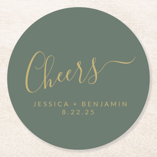 Cheers minimalistisch Sage Green Gold Custom Weddi Ronde Kartonnen Onderzetter (Voorkant)
