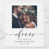 Cheers Modern Black Script Photo Wedding Wijn Etiket (Enkel label)