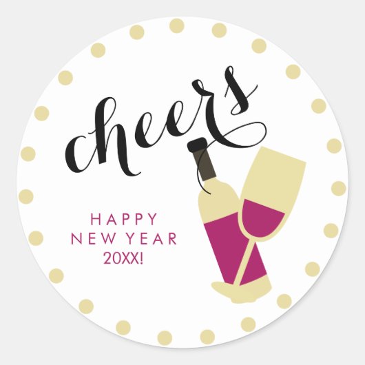 Cheers Modern Happy Nieuwjaar wijn en gouden Stipp Ronde Sticker (Voorkant)