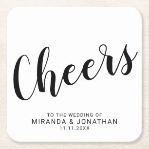 'Cheers' Modern Script Black and White Wedding Kartonnen Onderzetters