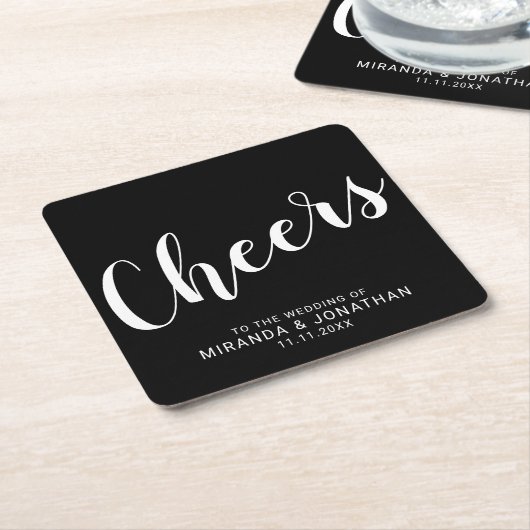 'Cheers' Modern Script Black Wedding Kartonnen Onderzetters (Schuin)