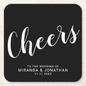'Cheers' Modern Script Black Wedding Kartonnen Onderzetters (Voorkant)
