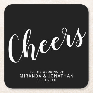 'Cheers' Modern Script Black Wedding Kartonnen Onderzetters