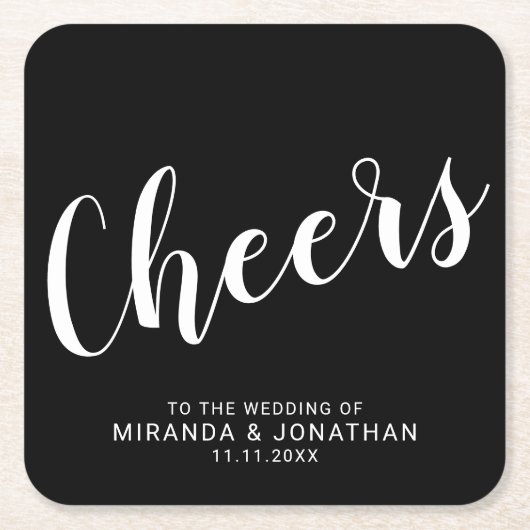 'Cheers' Modern Script Black Wedding Kartonnen Onderzetters (Voorkant)