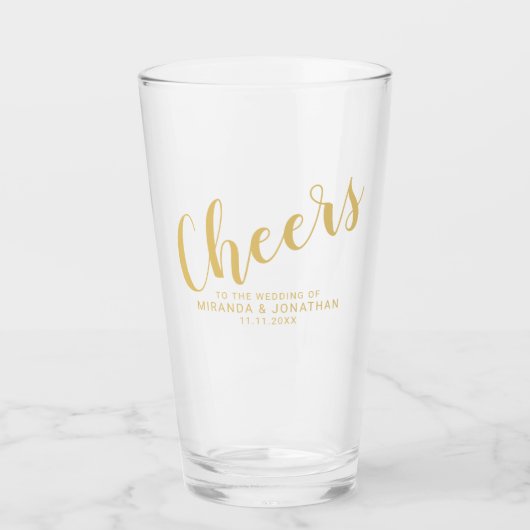 'Cheers' Modern Script Gold Wedding Glas (Voorkant)