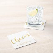 'Cheers' Modern Script Gold Wedding Kartonnen Onderzetters (Insitu)