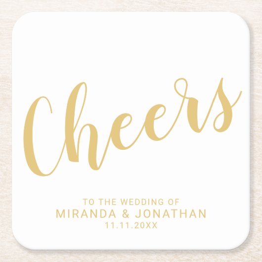 'Cheers' Modern Script Gold Wedding Kartonnen Onderzetters (Voorkant)