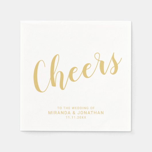 'Cheers' Modern Script Gold Wedding Servet (Voorkant)