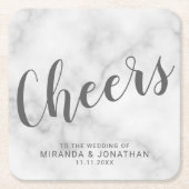 'Cheers' Modern script witte marmeren trouw Kartonnen Onderzetters (Voorkant)