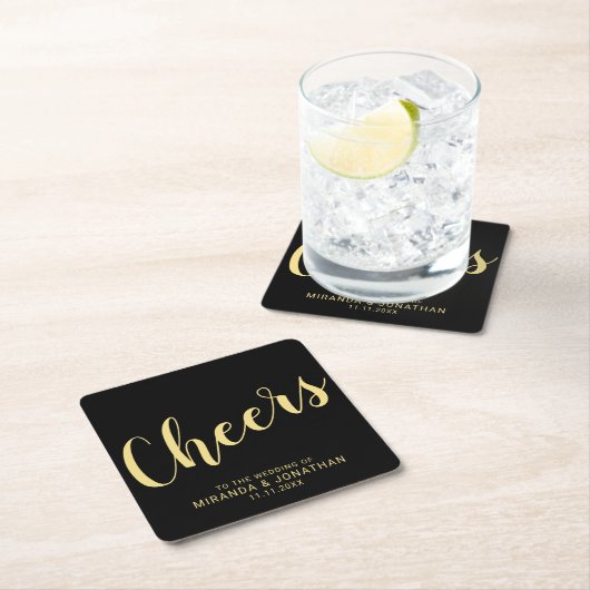 'Cheers' Modern Script Zwart en Goud Trouwen Kartonnen Onderzetters (Insitu)