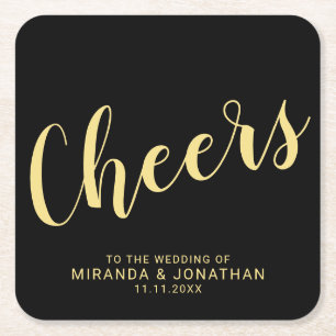 'Cheers' Modern Script Zwart en Goud Trouwen Kartonnen Onderzetters