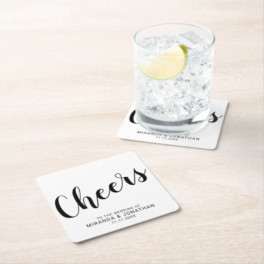 'Cheers' Modern Script Zwart-wit bruiloft Kartonnen Onderzetters (Insitu)