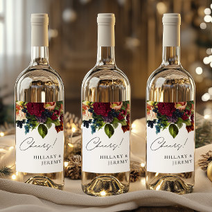 Cheers! Moody Floral Wedding Bourgogne Wijn Etiket