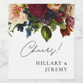 Cheers! Moody Floral Wedding Bourgogne Wijn Etiket (Enkel label)